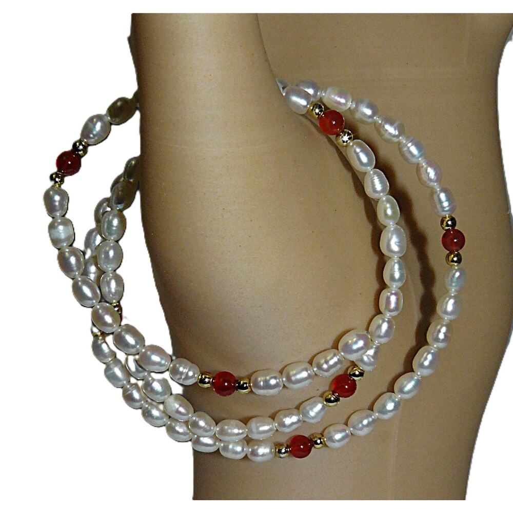 2 Freshwater Pearl Coil Wrap Bracelets Gold-Tone Red & Tiger Eye Beads - Picture 10 of 11
